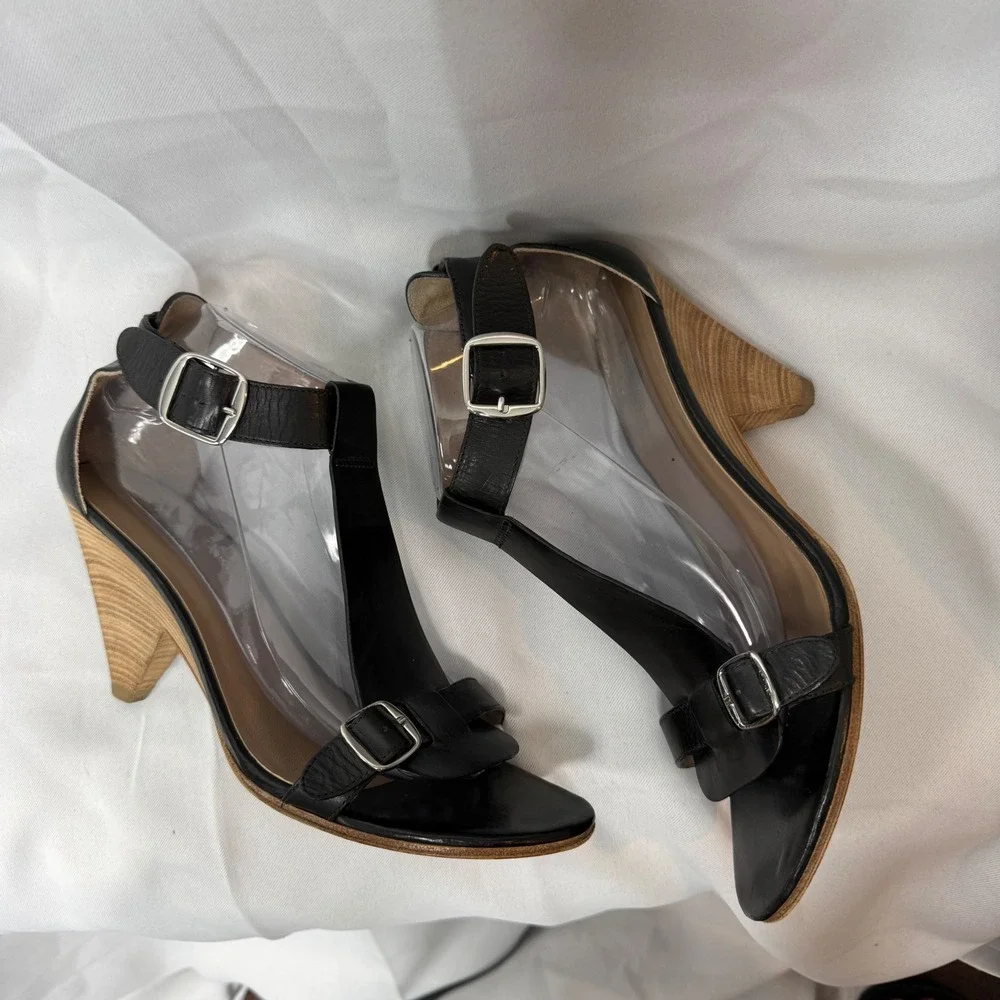 Belle‎ Sigerson Morrison Black Leather T-Strap Wood Wedge Sandals 9.5 B